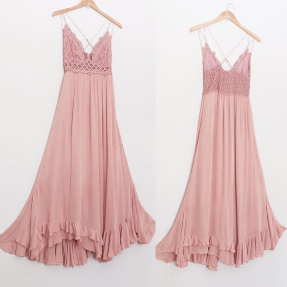 Free People Adella Pink Lace flowy crinkle linen Cottagecore Y2K Maxi Dress - Picture 15 of 16